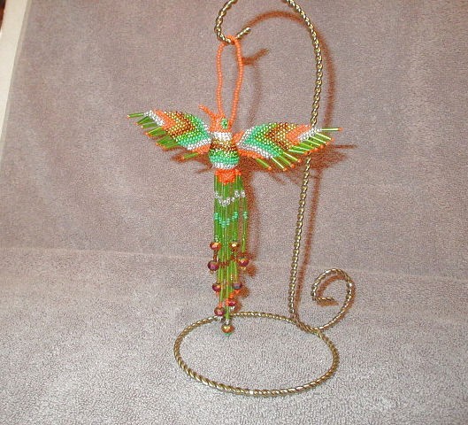 Handmade Glass Seed Bead Hummingbird Ornament With Display Stand Colorful Bird