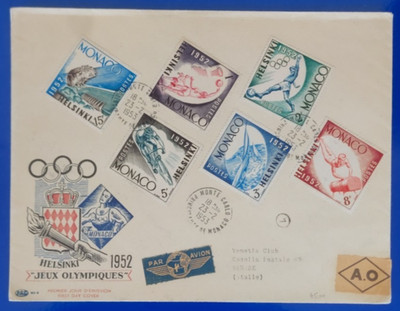 MONACO 1953 OLYMPISCHE SPIELE HELSINKI 1952 6 WERT FDC YVERT 386/391