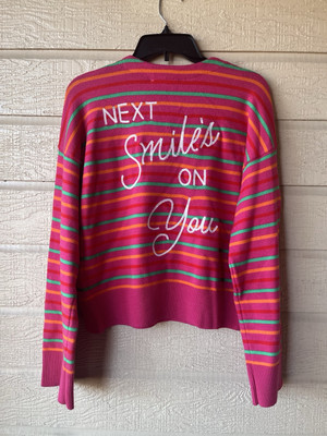 Kerri Rosenthal women Pink Stripe NEXT SMILE'S ON YOU Pullover Sweater sze Large