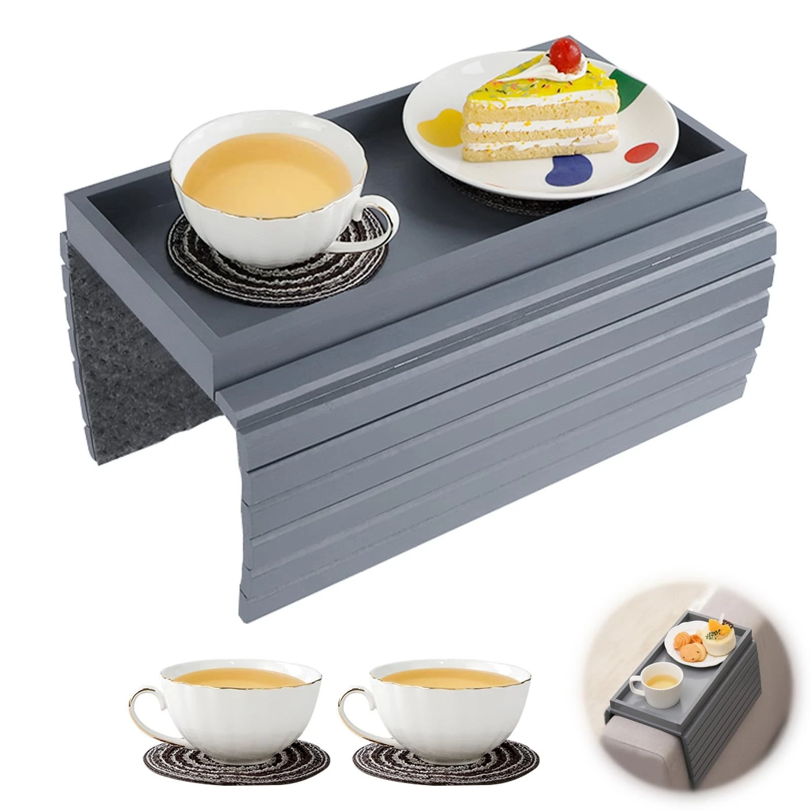 Sofa Arm Tray with Cup Mats, Foldable Table 10 x 5 x 2 cm, Grey