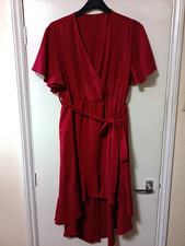 Bloomchic Dress Women Low Hem Ruffle Sleeve V-Neck Belted cranberry UK16
