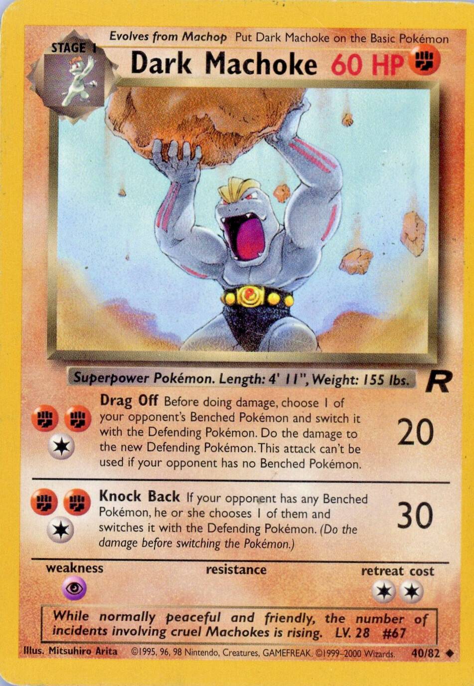 Pokémon TCG Dark Machoke Card #40/82 Team Rocket LP Rare Free Shipping