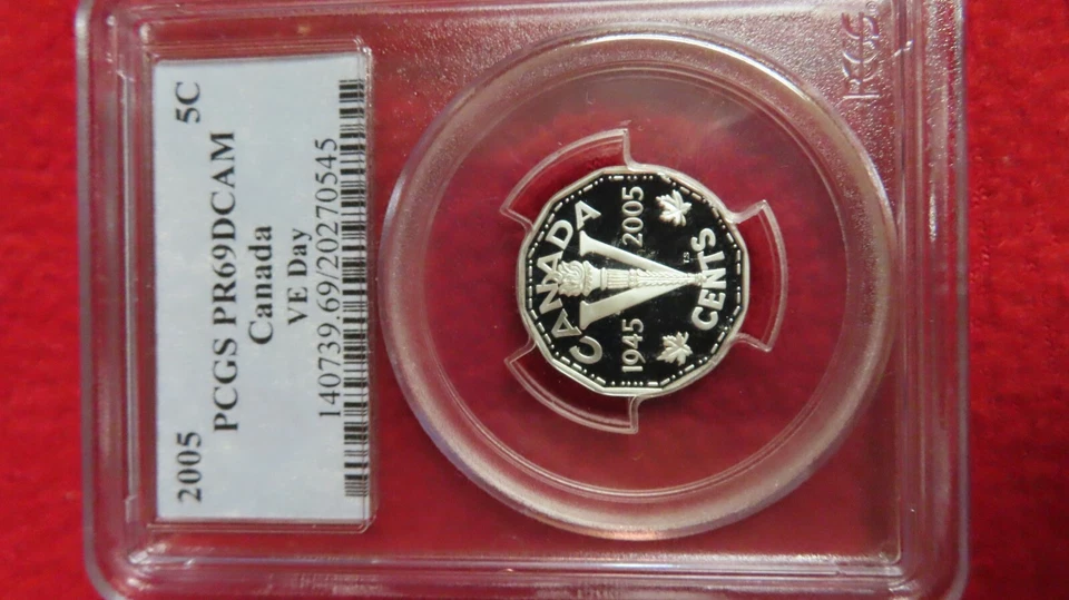 Canadá PCGS PR69 2005 prueba plata 5 centavos día ve 60 aniversario moneda rara Foto 2 de 4