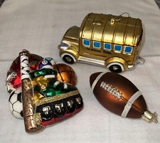 Glass Christmas Ornaments 3 School Bus, Football, Assorted Sports