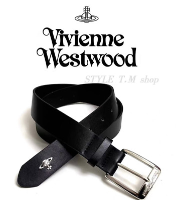 Vivienne Westwood Cowhide Belt Black Leather Orb Logo Silver