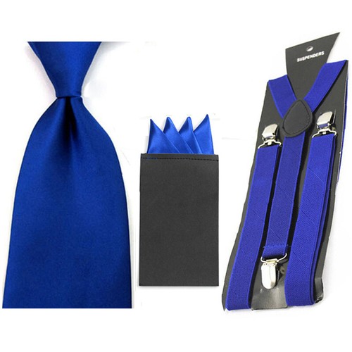 Men Wide Necktie Wedding Party Handkerchief Pocket Square Suspender Brace Set - Picture 9 of 10