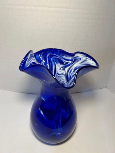Murano Style Blown Art Glass Vase-Colbolt Blue/White Swirl Ruffle 9.50"