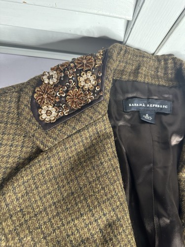 Vtg Banana Republic Wool Alpaca Sequin Beaded Collar Houndstooth Flare Jacket 6 - Picture 8 of 16
