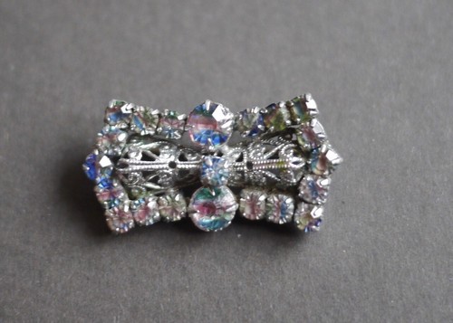 Vintage Iris Arc Crystal Rainbow Rhinestone Bar Brooch Pin