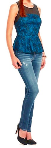 188 $ Anthropologie Rock the Lace Top 10 Medium schwarz blau transparente Passe sexy neu mit Etikett