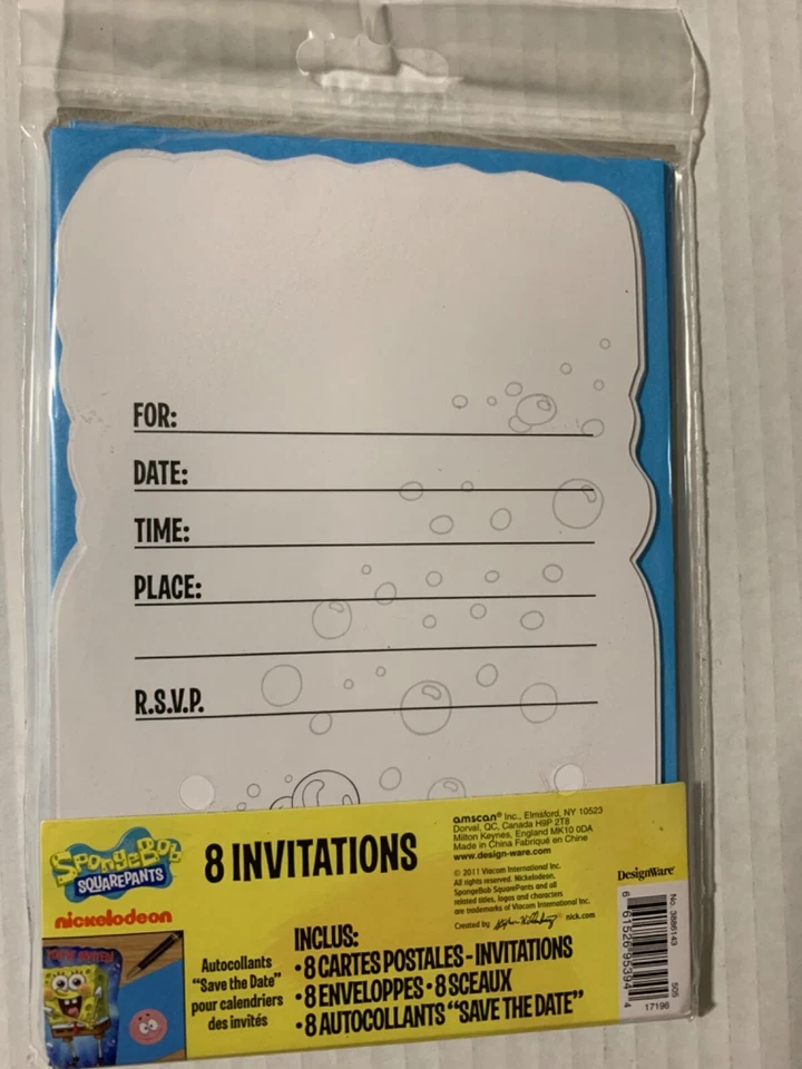 8 ct SpongeBob SquarePants Birthday Party Invitation Cards w/Envelopes sealed - Image 2 of 2