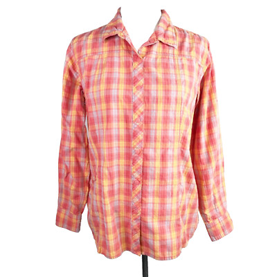 Gander Mountain Top Women Medium Orange Plaid Snap Front Outdoors Preppy Country