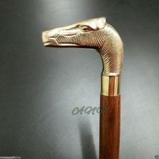 Antico Ottone Testa di Cavallo Manico Marrone Legno Bastone da Passeggio