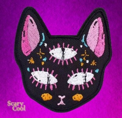 New Three Eye Cat Black Embroidered Biker Iron On Patch