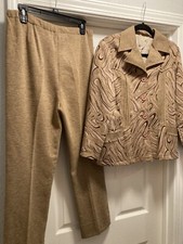 Vintage 70  s MultiTone Tan/Brown Pantsuit W/squiggle Abstract Jacket Print Sz L