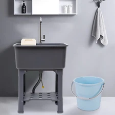 Freestanding Plastic Utility Sink Laundry Tub Laundry Sink with Faucet Grey NEW