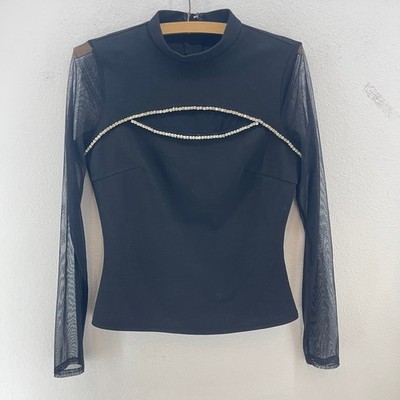Red by BKE Rhinestone Cutout Mesh Sleeve Top Womens S Black Fairy Goth Vamp
