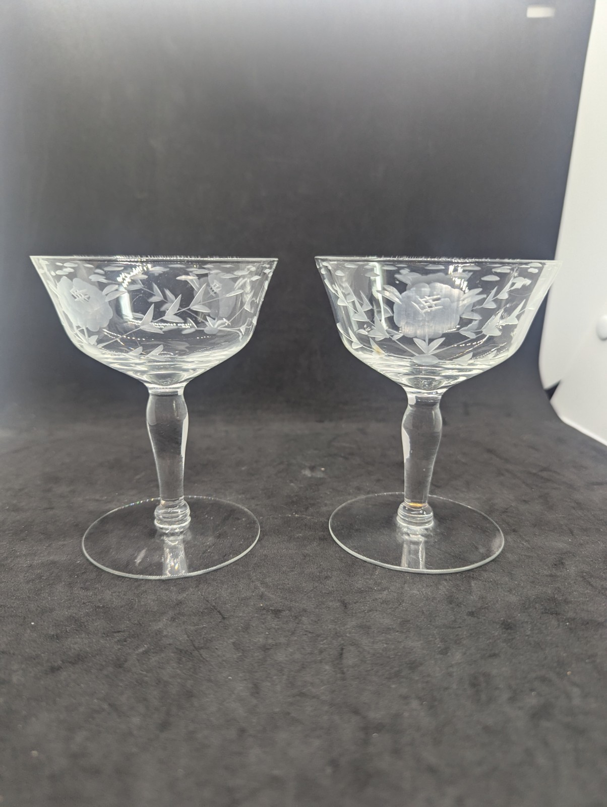 Vintage Mid Century Etched Champagne Coupe Sherbet Glasses Set of 2