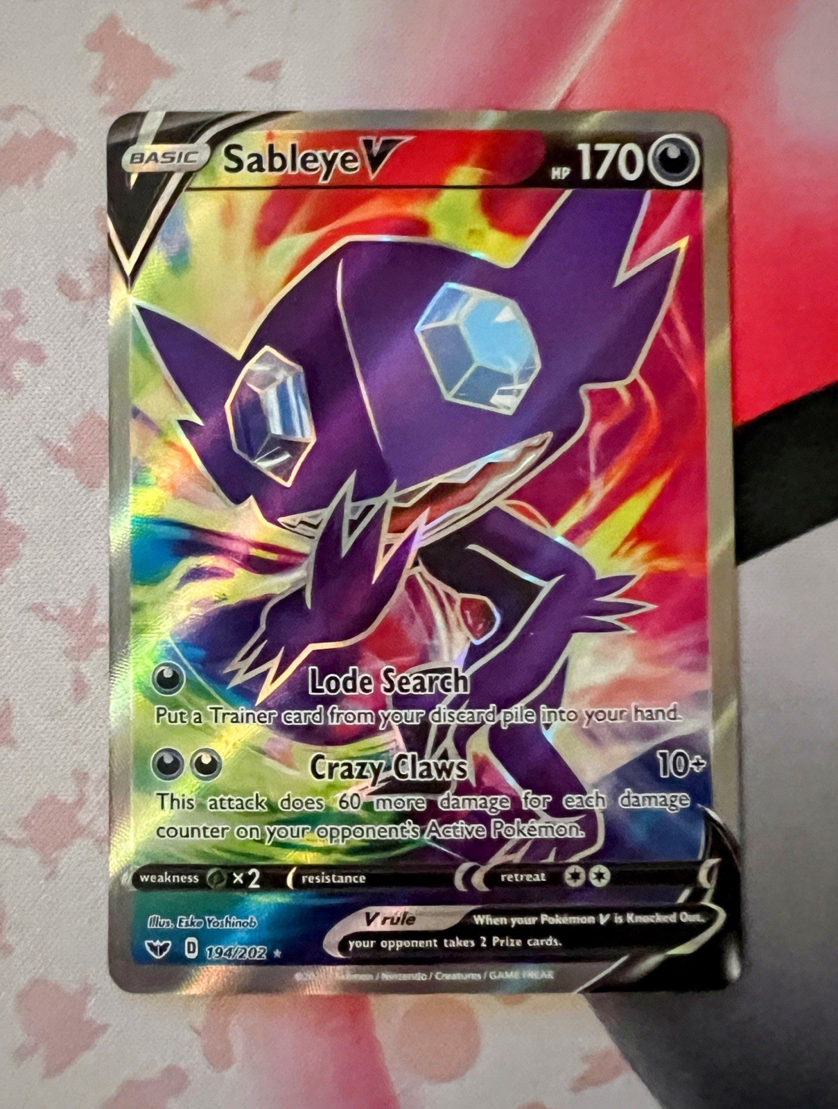 Pokemon TCG Sableye V (Full Art) 194/202 Swsh01: Sword & Shield Holo NM 2020