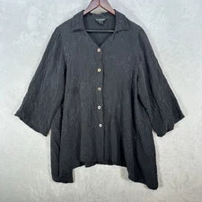 Citron Top Womens 1X Black Floral 100% Silk Button Boho Blouse Tunic Artsy