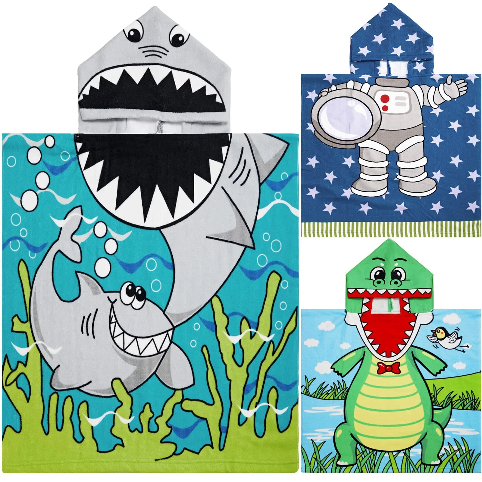 3 Pack Kids Hooded Beach Poncho Towels Toddler Swim Pool Bath Towels with Hoo...