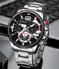 CURREN Men Chronograph Watch Black Dial Stainless Steel Sport Analog NWT