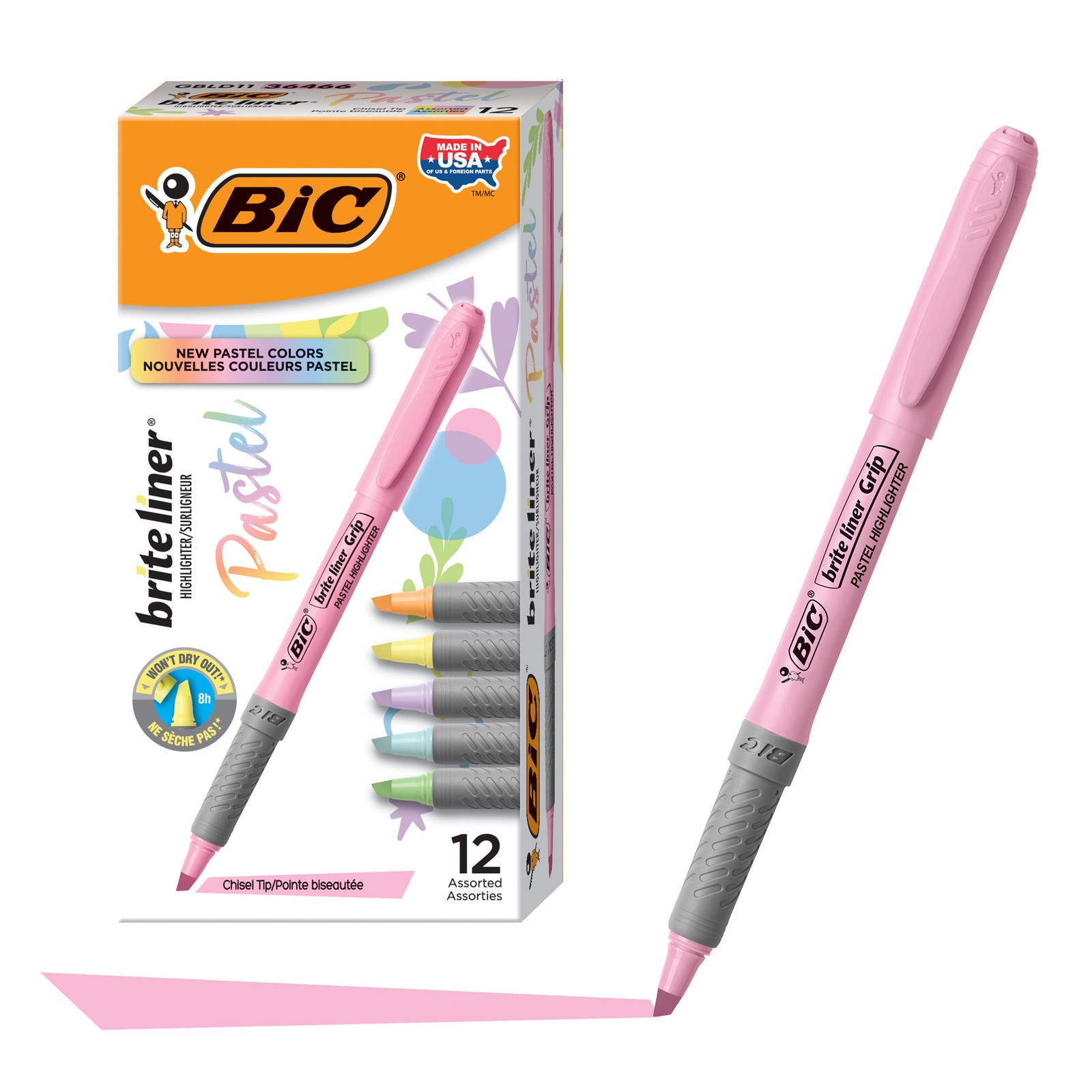 BIC Brite Liner Grip Pastel Highlighters, Assorted Colors, 1