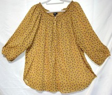 Chaps-Mustard Yellow Ditsy Floral Crinkle Cotton Shirred Neck Flare Tunic Top-1X
