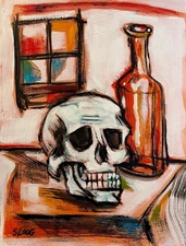 SLOOG Original Art Modern Expressionism Still Life Painting on Paper 12x16 Skull