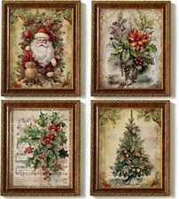 4 Vintage Christmas Wall Art 8x10 Retro Santa Bathroom Home Decor Prints Set 