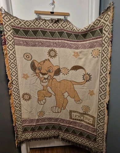 Vtg Disney The Lion King Simba Tapestry Throw Blanket Fringed Woven 56 ...