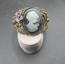 Vintage Victorian Revival Inspired Purple Resin Cameo Gold Tone Filigre Bracelet