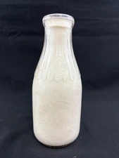 Chas. L. Woodland Milk Bottle Tall Round Embossed Quart BB Mass Seal Watertown