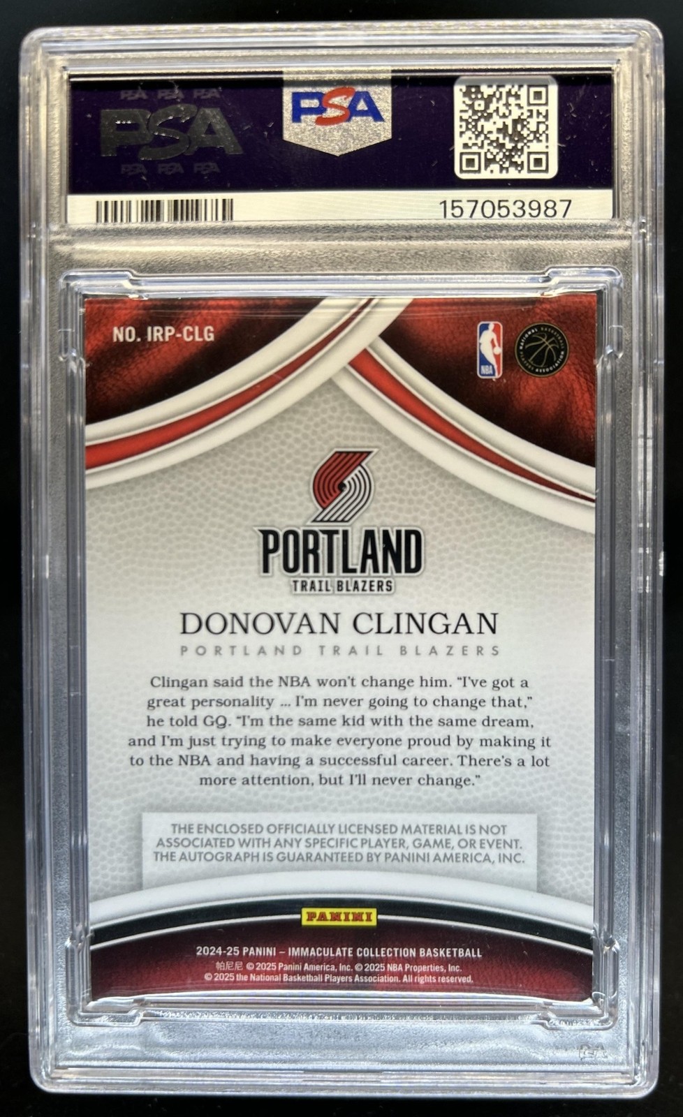 2024-25 Immaculate Donovan Clingan Retro Patch Auto Autograph RC #/25 PSA 7 view 2