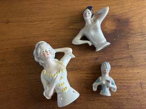 3 Antique ceramic 1/2 doll German Made pin cushion pieces