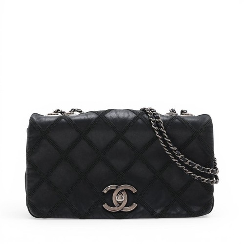 CHANEL Matelasse Shoulder Bag Coated Leather Single Flap Double Chain Black