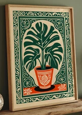 Vintage Boho Monstera Poster, Green Leaf Wall Art Print, Farmhouse Style Decor