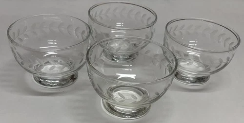 Anchor Hocking Etched Laurel Leaf Footed Dessert Bowls 3.5" Set/4 Vintage Mint