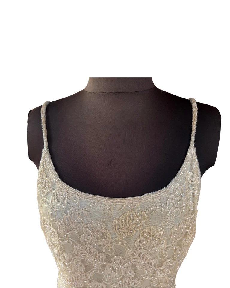 90s Y2K Stenay Ivory Beaded Tank Sleeveless Bridal Formal Cocktail Dress 8 - Image 2 of 4