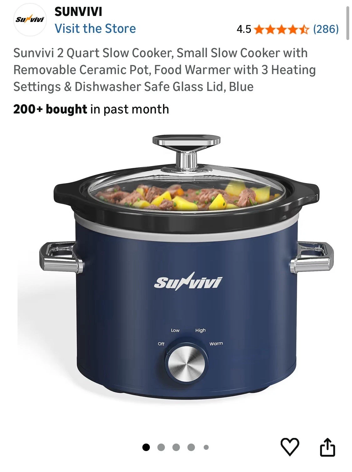 2 Quart Slow Cooker Small Removable Ceramic Pot 3 Heat Settings Blue