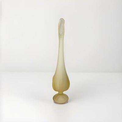 Vintage Viking Glass Yellow Satin Frost 6 Petal 12'' Footed Swung Vase w/ Label