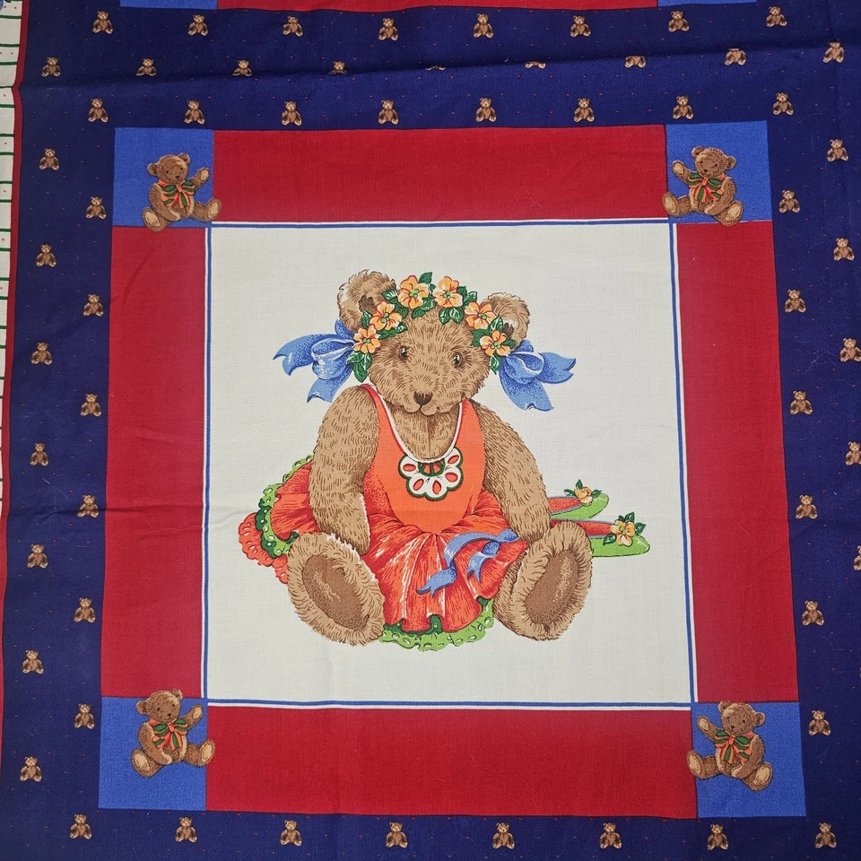 Cranston Screen Print Fabric Panel Teddy Bears 4 Squares Blanket Quilt Pillows - Image 4 of 4