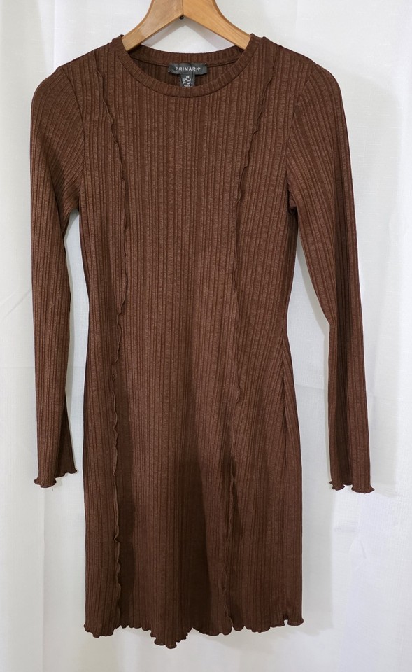 Primark Brown Solid Ribbed Knit Bodycon Dress Ruffle Round Neck Long Sleeve XS
