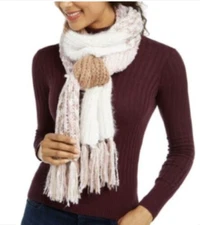 INC Colorblocked Fringe Womens Muffler Scarf Ivory Pink NEW #110