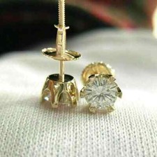 1Ct Round Cut Real Moissanite Screw Back Stud Earring 14K Yellow Gold Plated