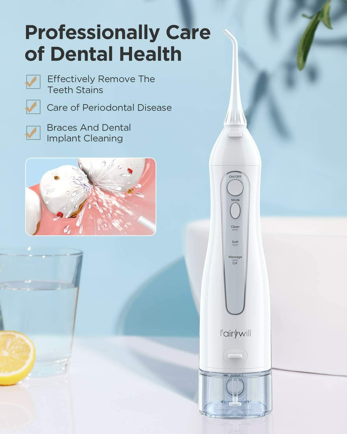 Fairywill Cordless Water Flosser Dental Oral Irrigator Travel Teeth Cleaner Pick