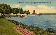 Mayville NY Miller Bell Tower Sports Club Dock Lake Chautauqua Old Vtg Postcard