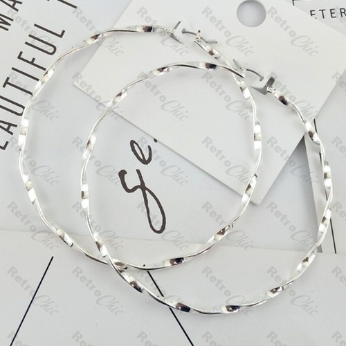 4" HUGE HOOP EARRINGS 10cm wavy metal GOLD/SILVER FASHION big giant hoops large - Picture 12 of 12
