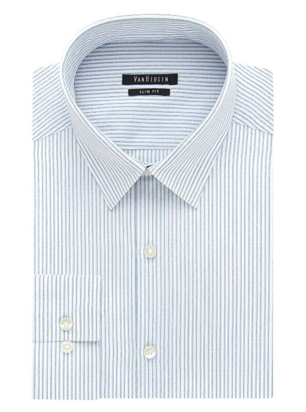 Van Heusen Men's Slim-Fit Wrinkle Free Dress Shirt Long Sleeves Blue Stripe Nwt