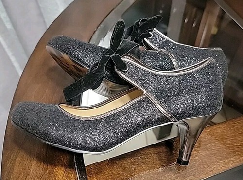 Bettie Page Shoes By Ellie Black Glitter Low Heel Pumps Size 9 Velvet Vamp Ties - Picture 11 of 20